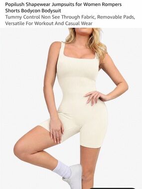 Popilush Cream Shapewear Jumpsuit Romper with Square Neck